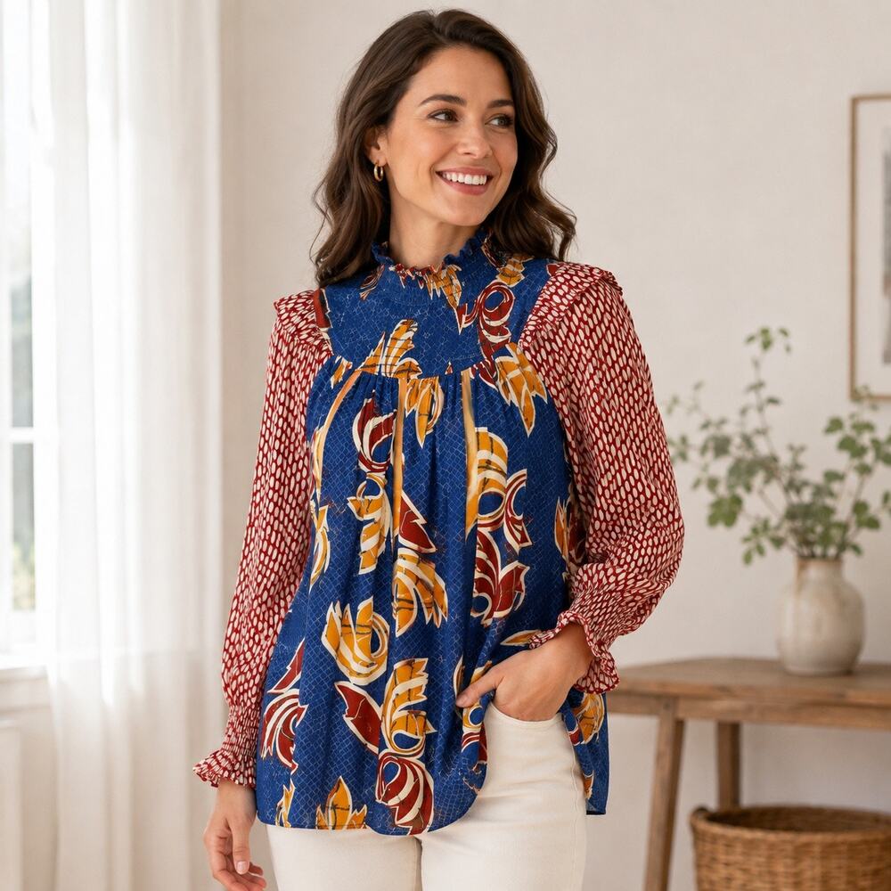 The Odells Women’s Small Blue Rust Mixed Print High Neck Tunic Blouse Boho